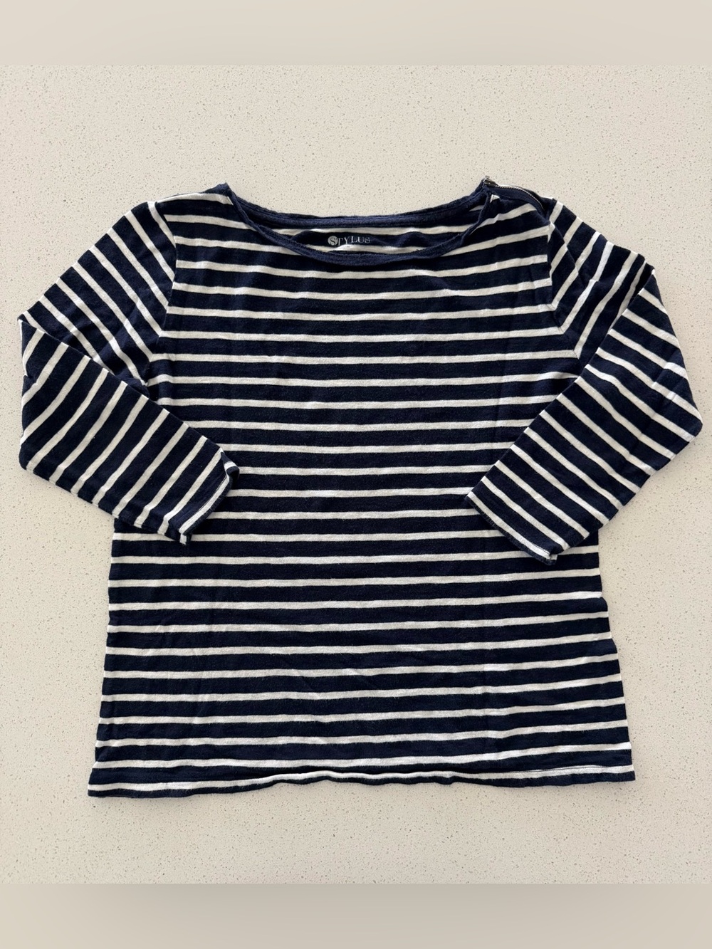Stylus Navy & White Striped Boatneck Top with Shoulder Zippers Women Medium